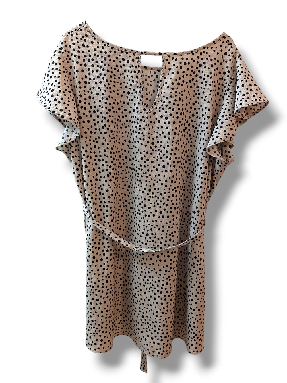 Full Moon Maternity Mini Dress in Beige/ Black Polka Dots & Tie At Waist